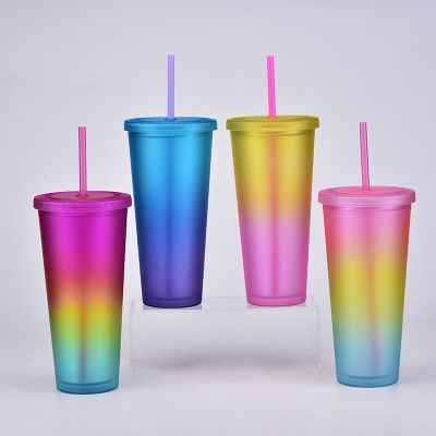 New rainbow-colored double-layer straw cup frosted portable cup outdoor sports water cup