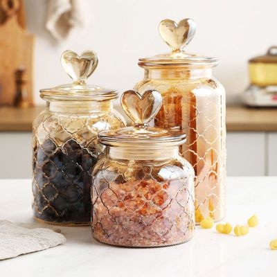 Glass sealed jar creative love storage jar transparent amber high-value snacks candy and grain storage bottle