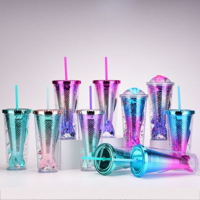 Double-layer cup, creative gradient mermaid tail straw cup, beautiful electroplated color sequin water cup