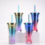 Double-layer cup, creative gradient mermaid tail straw cup, beautiful electroplated color sequin water cup