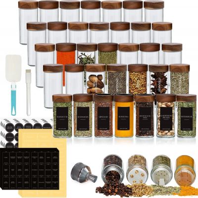 Round 100ml Glass Spice Jar featuring an Acacia Lid and Sprinkler Top in Set of 4 Set of 6
