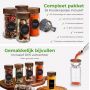 Round 100ml Glass Spice Jar featuring an Acacia Lid and Sprinkler Top in Set of 4 Set of 6