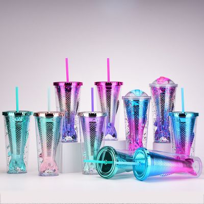 Double-layer cup creative gradient mermaid tail glass tumbler straw cup beautiful electroplated color sequin water cup