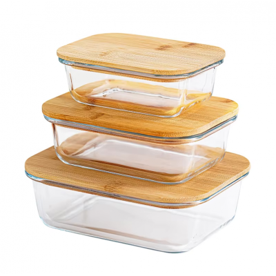 Wood Lid High Borosilicate Glass Food Storage Container Set for Amazon Styrofoam Safe Lunch Box and Glass Bowl