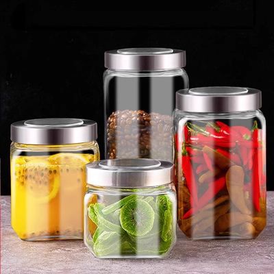 Stainless Steel Transparent Lid sealed Jar Thickened Lead-free Glass Storage Container Food Storage and Packaging square Bottle